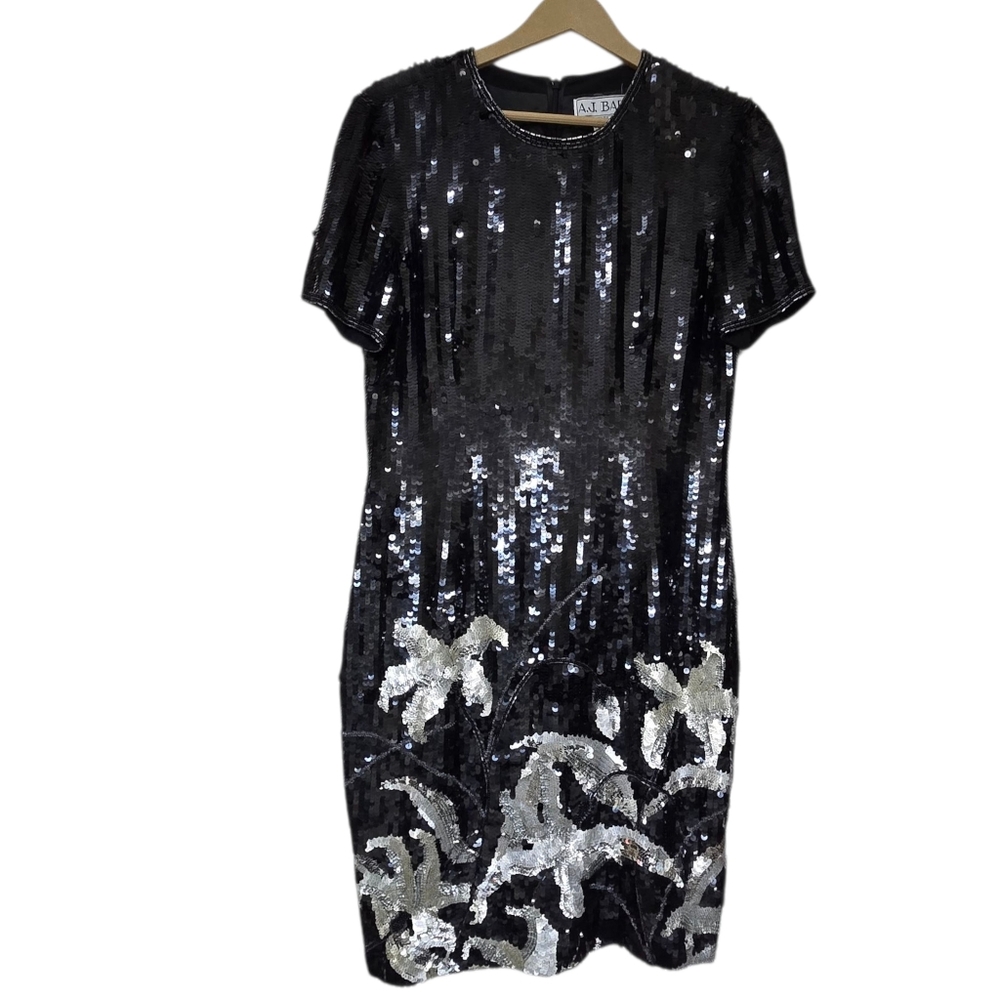 Vintage Rare A.J. BARI 80s/90s Black Sequined, Silver/Gray Floral Dress Size 10